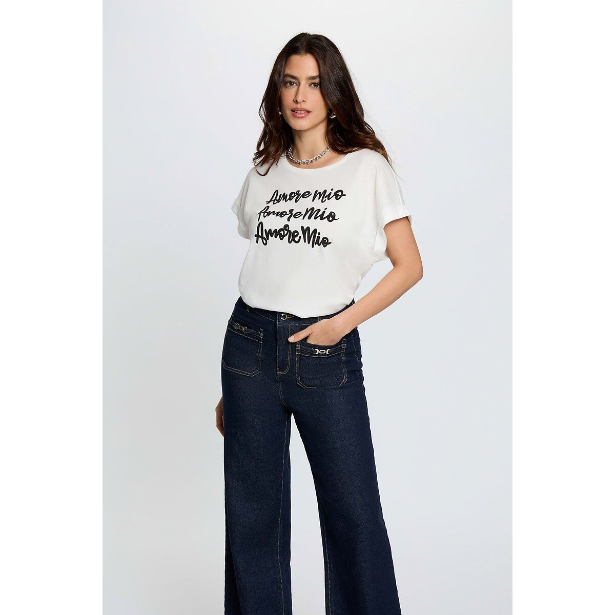 Tee shirt col rond manches courtes blanc, MORGAN