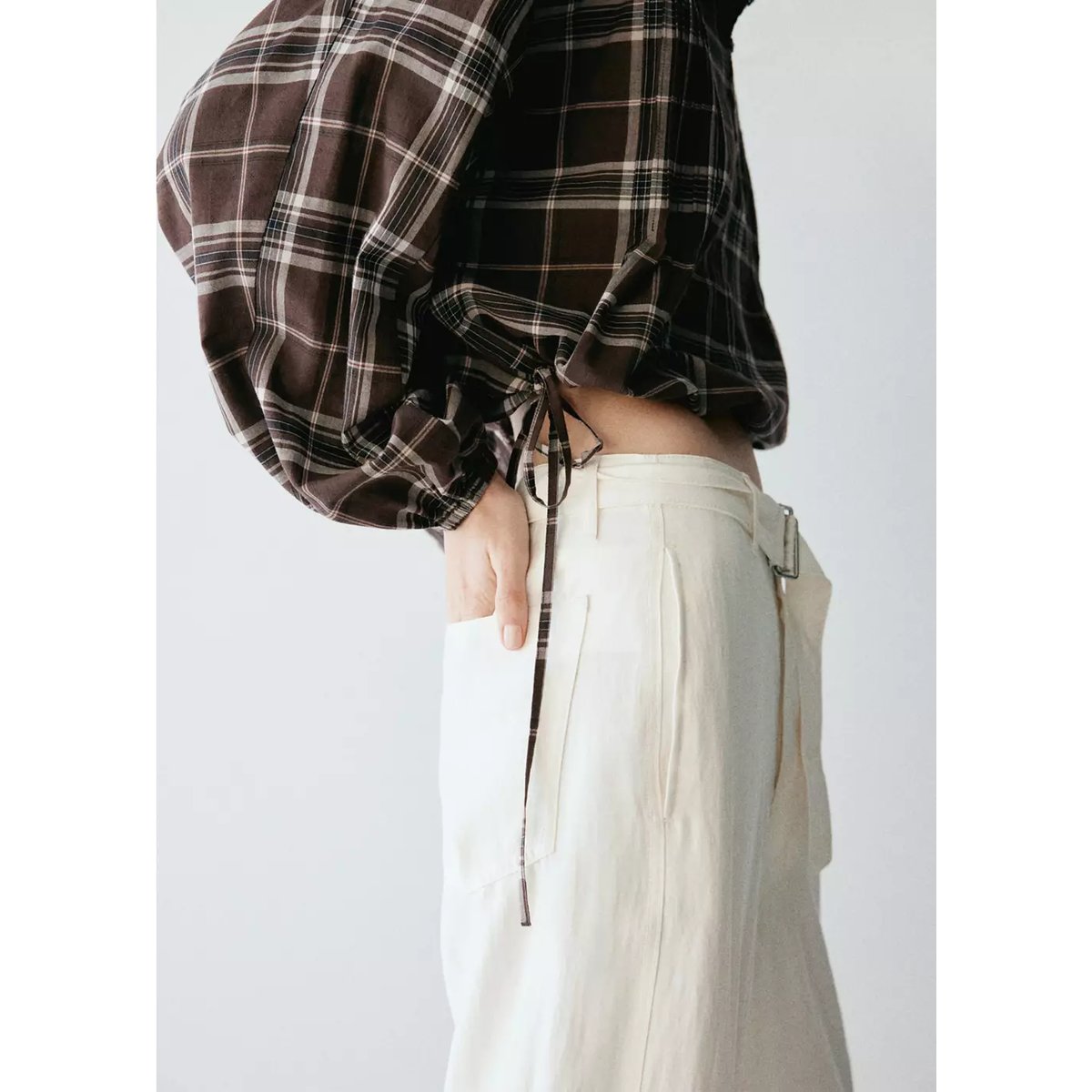 Chemise carreaux manches bouffantes marron, MANGO