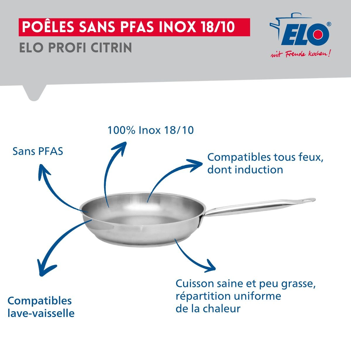Batterie 1 poêle 24cm + 2 faitouts 12/16cm PROFI BRILLANT gris, ELO
