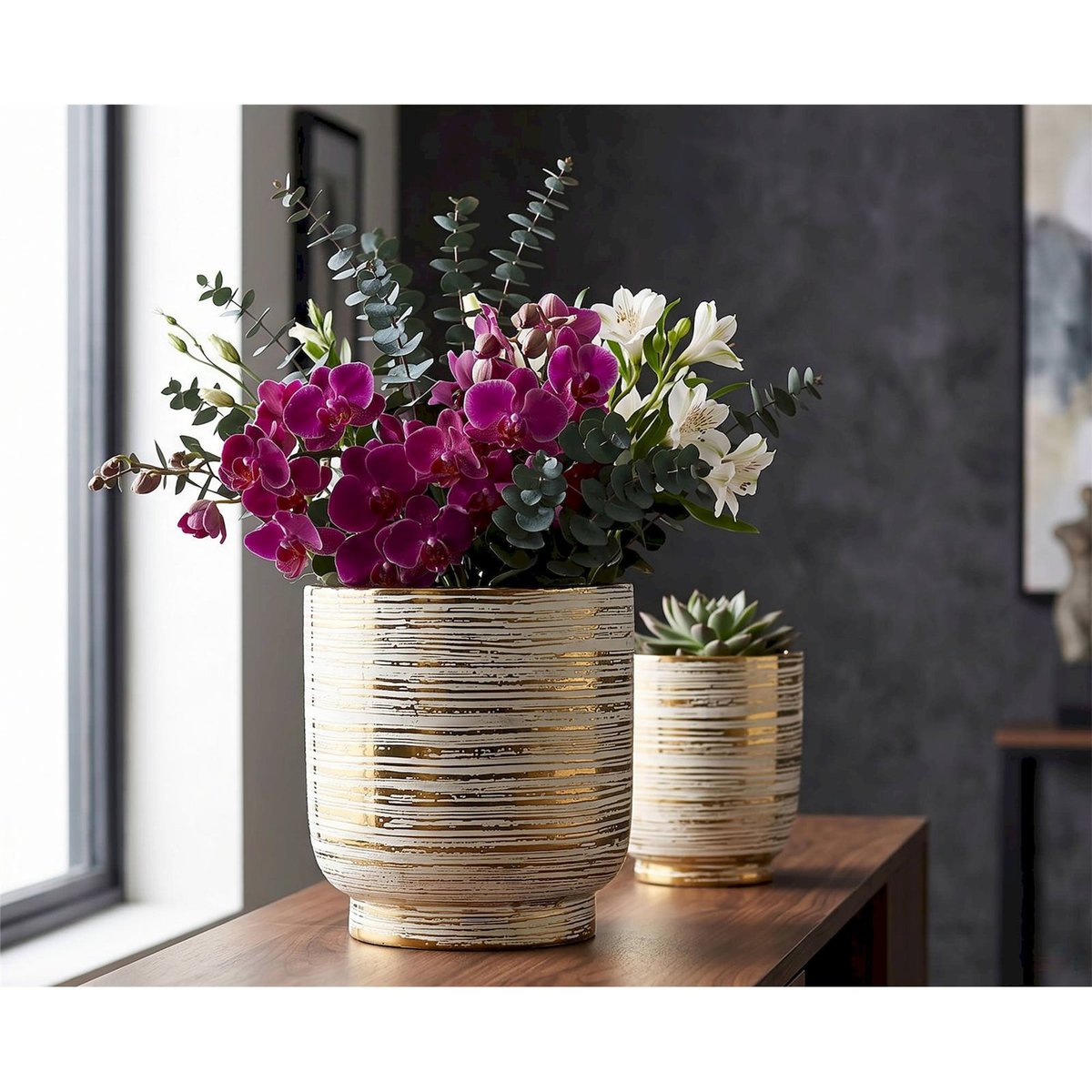 Lot de 2 vases en céramique reliefs GLAM blanc et or, RECOLLECTION