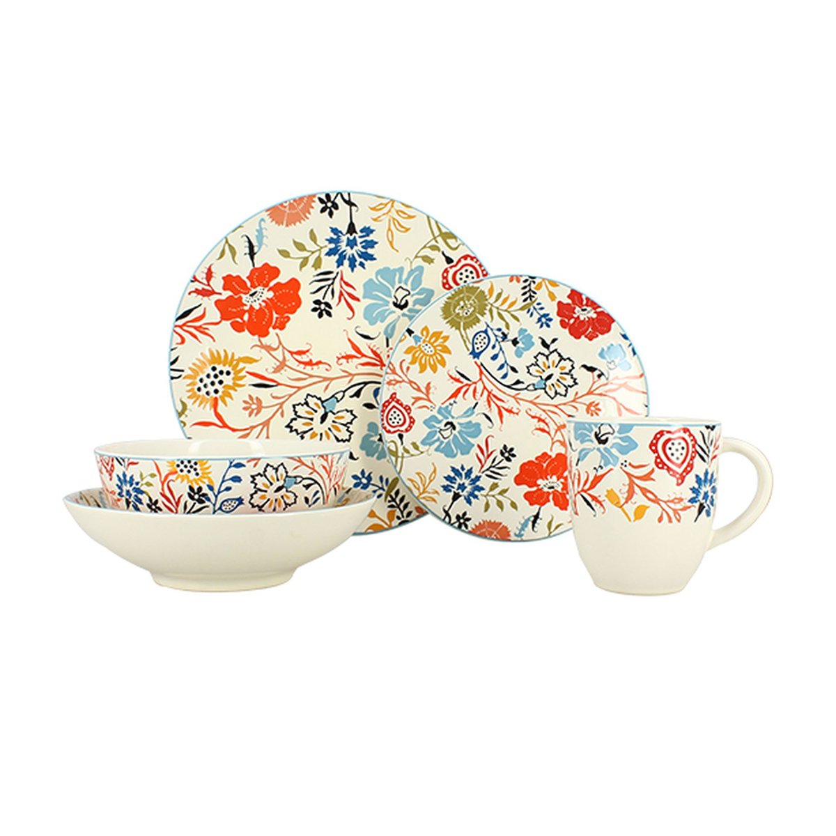 Service de table 60 pièces en grès, JAIPUR motif fleuri, NOVASTYL