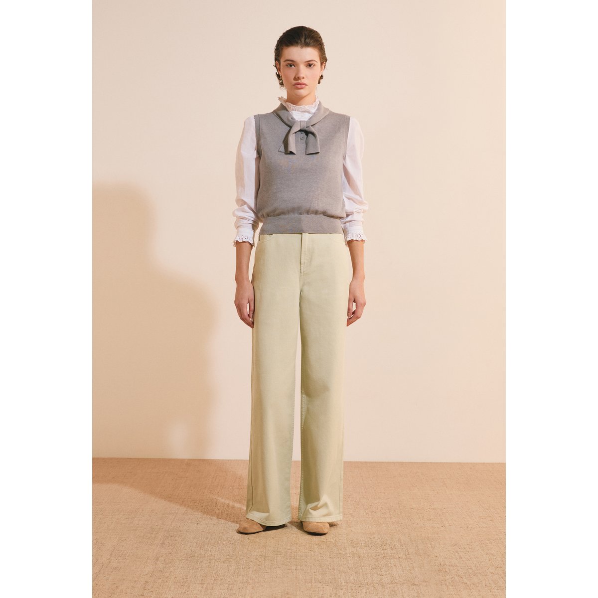 Pull sans manches avec lien à nouer en coton SORAYA gris clair, ETAM