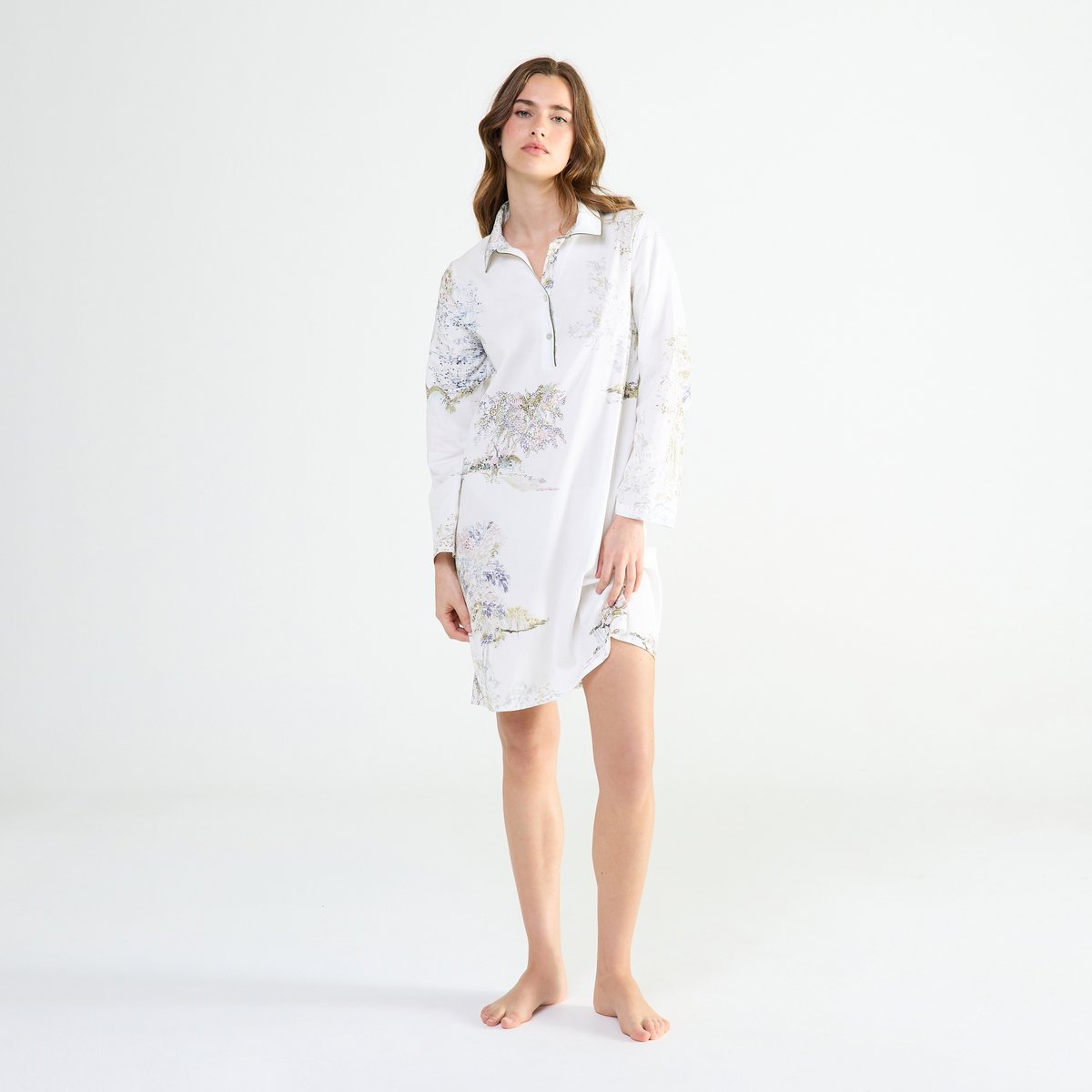 Chemise de nuit col classique en satin LANDE blanc, LAURENCE TAVERNIER
