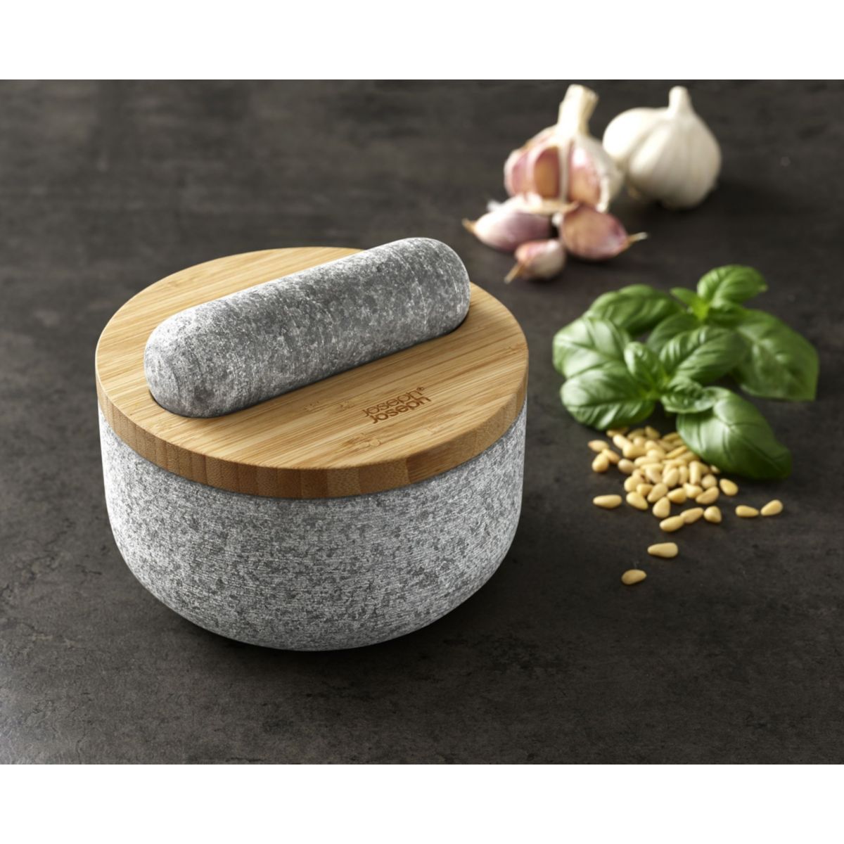 Mortier et mortier en granite couvercle bambou couleur unique, JOSEPH JOSEPH