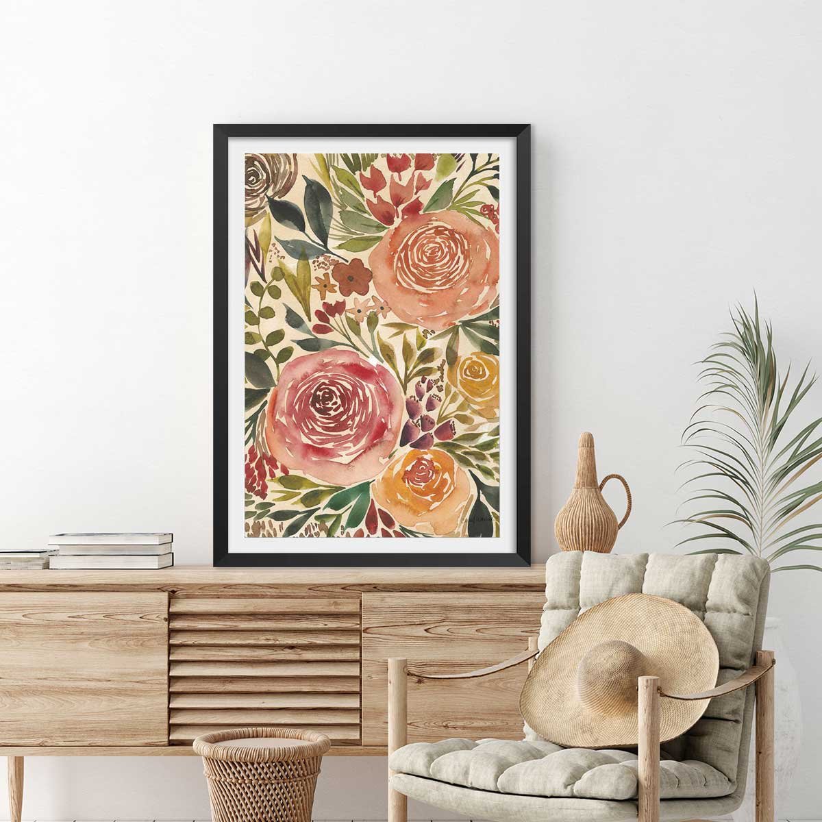 Poster roses merveilleuses affiche + cadre en bois - noir, HEXOA