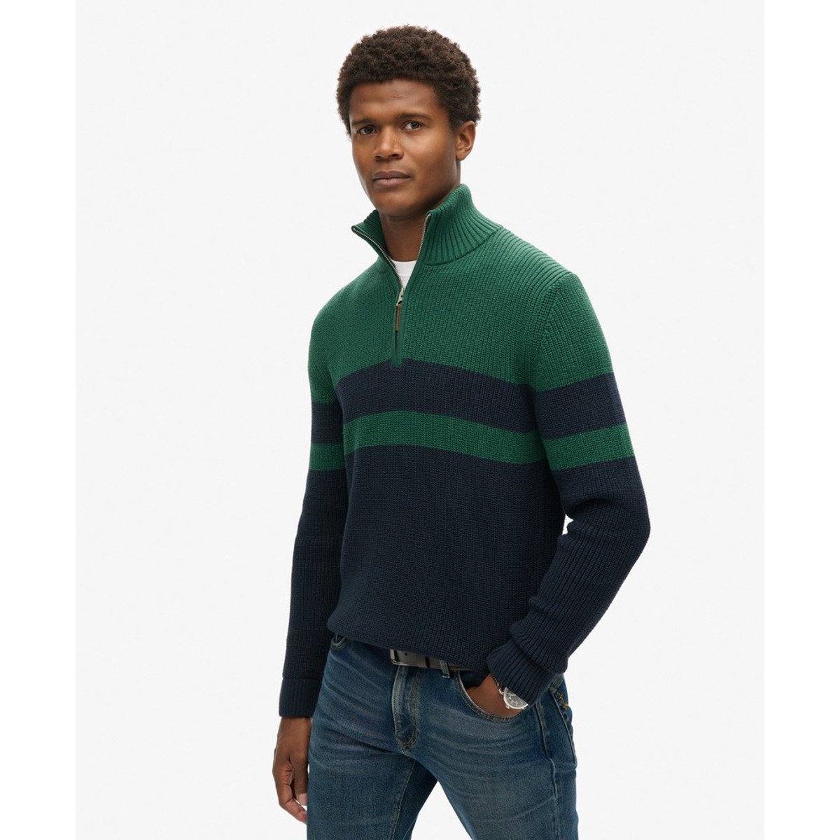 Pull rayé coton à col zippé Classic bleu marine/vert, SUPERDRY