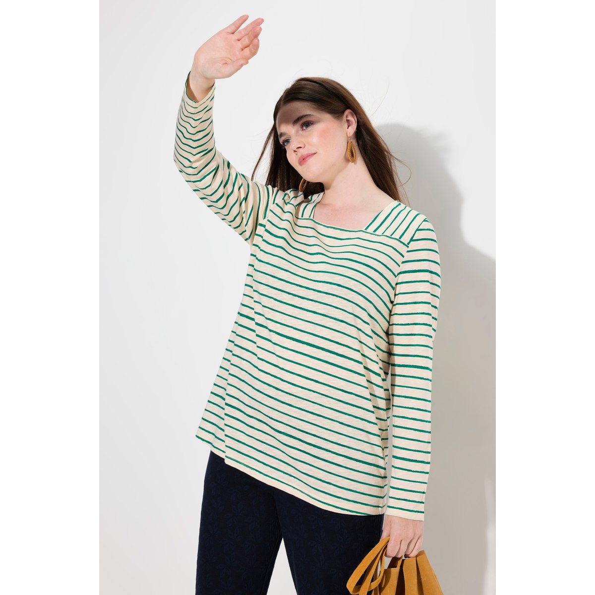 T-shirt rayé en coton bio vert émeraude, ULLA POPKEN