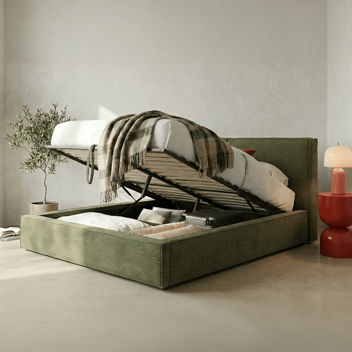 Lit coffre avec tête de lit en velours côtelé - ARNO vert kaki, HOMIFAB