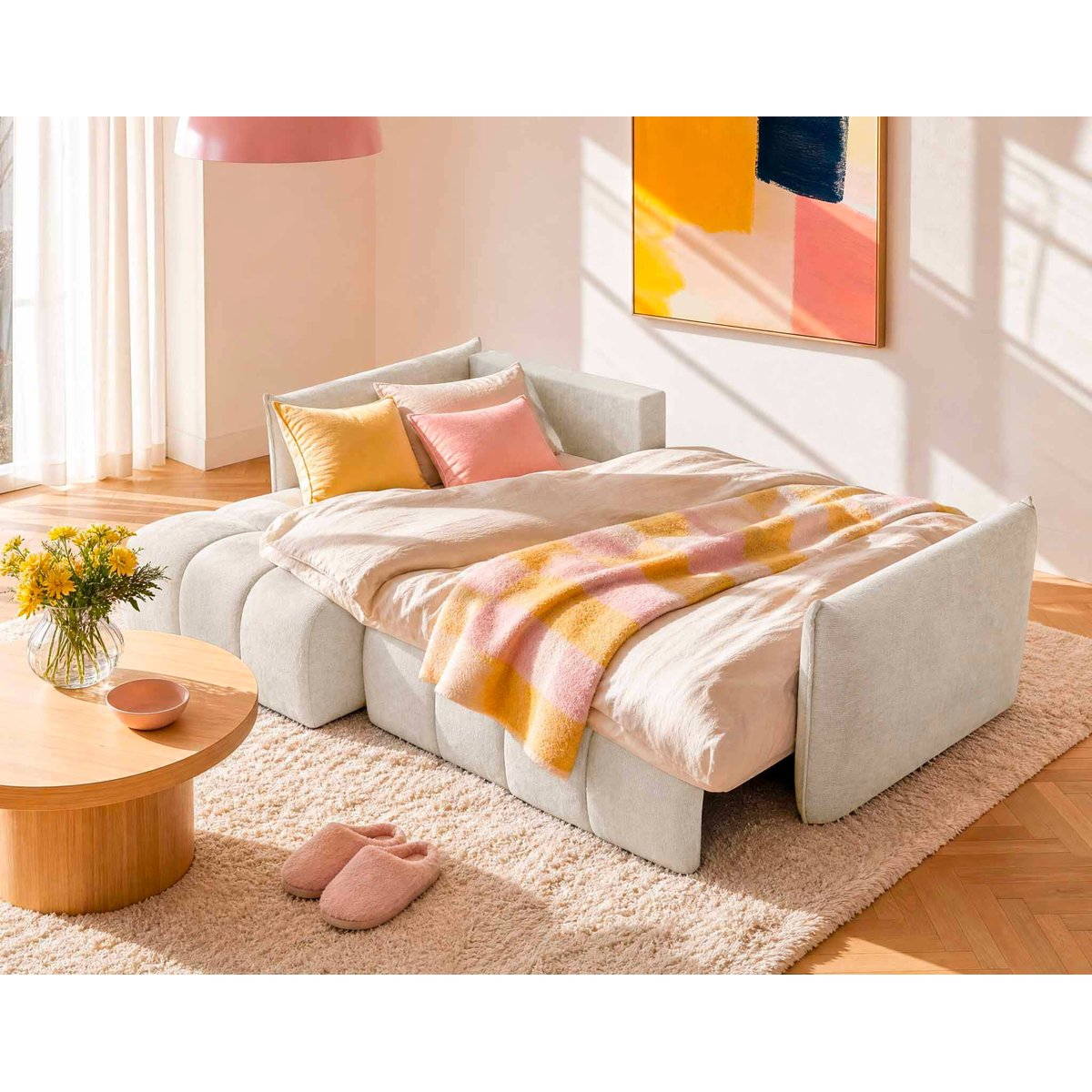 Canapé d'Angle Convertible en Velours texturé 4 places - AMBROISE beige, BEST MOBILIER