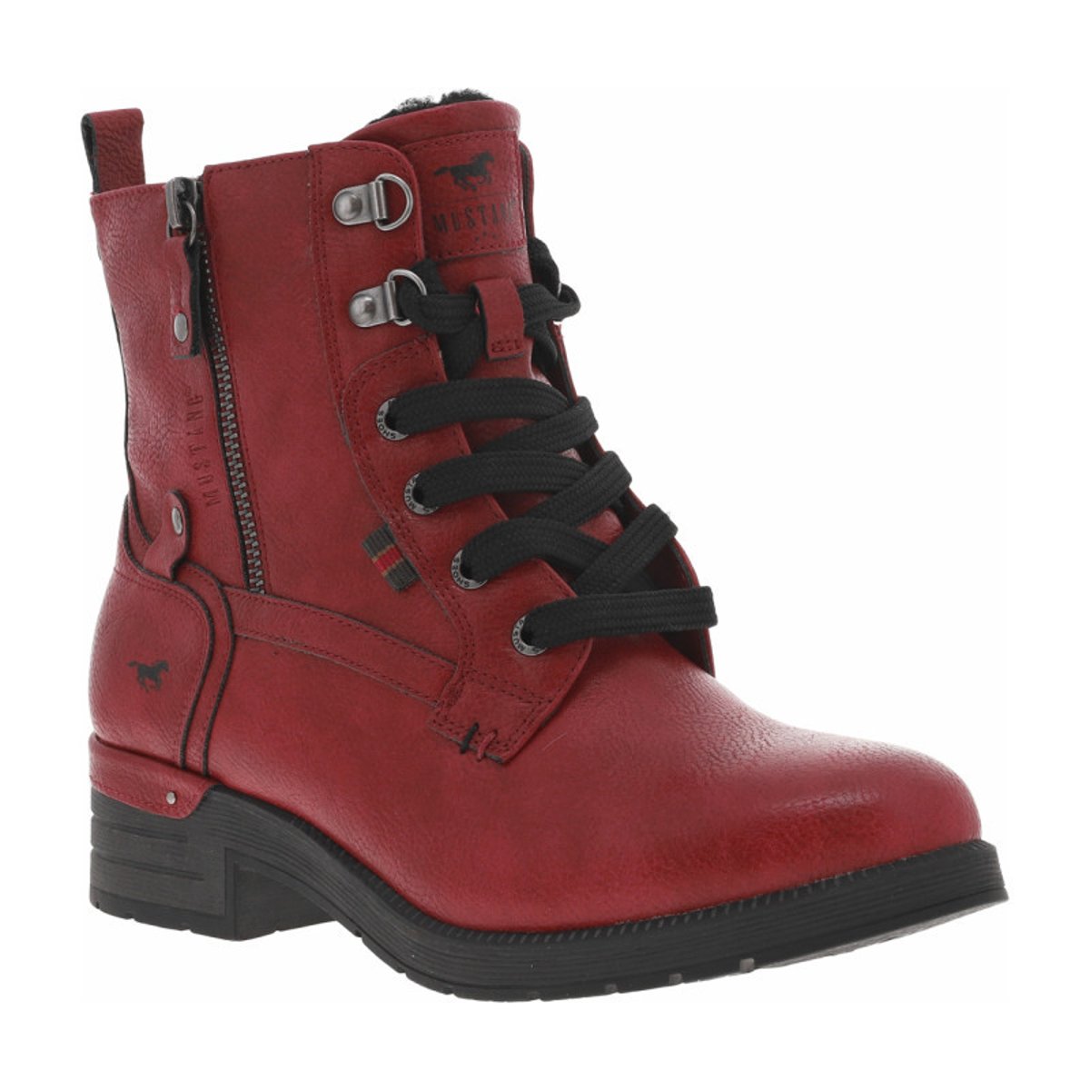 Bottines rouges à talon décroché bas avec un zip et des lacets ronds rouges, MUSTANG