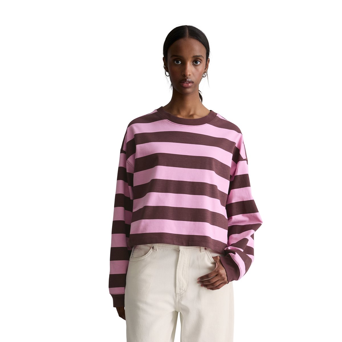 T-shirt long rayé relaxed en jersey lourd rouge foncé, MARC O’POLO DENIM