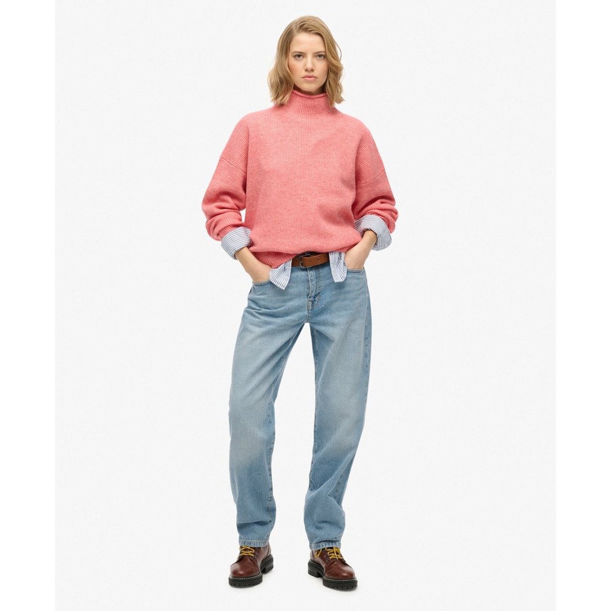 Pull col rond en grosse maille rouge brut twist, SUPERDRY