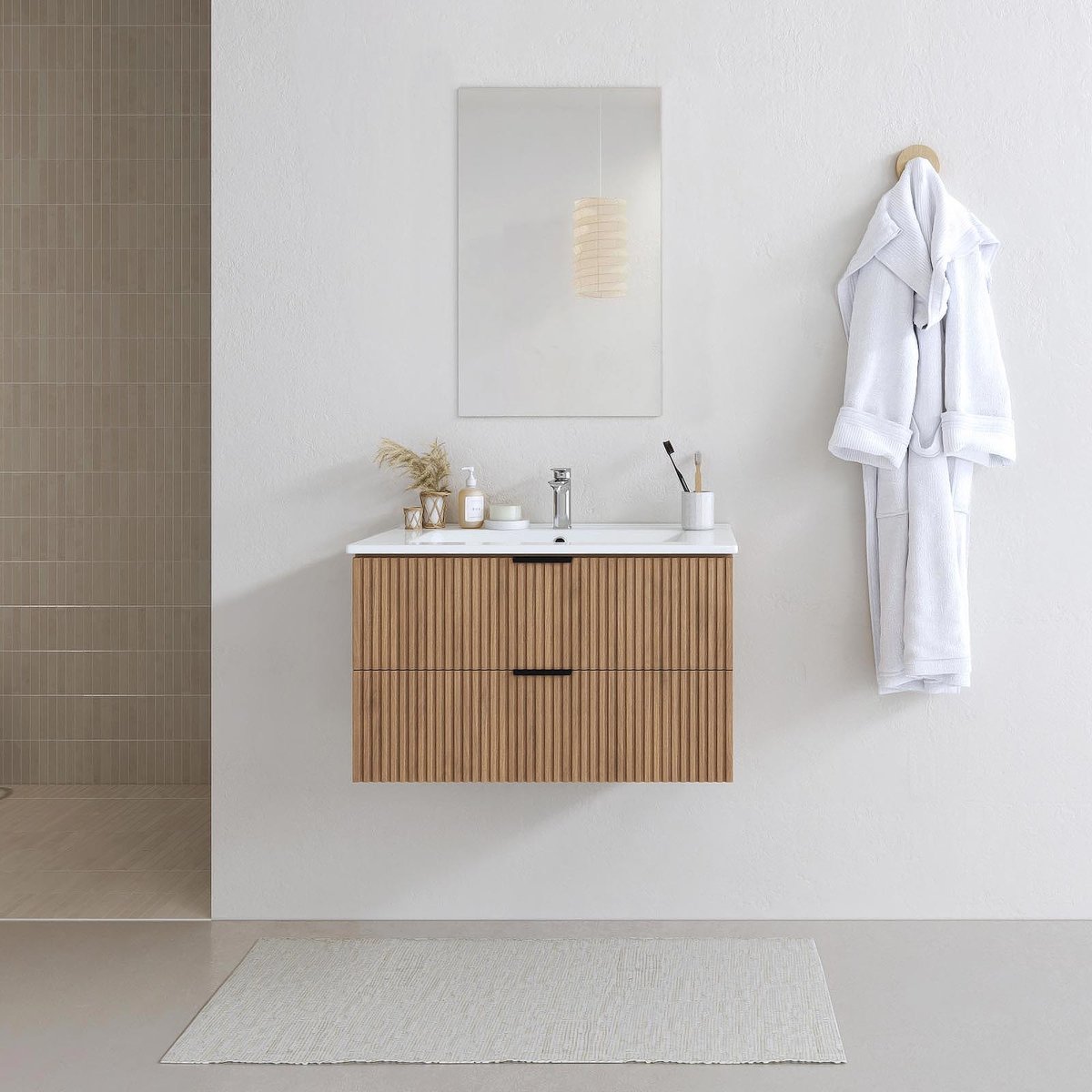 Meuble de salle de bains suspendu texturé 2 tiroirs avec vasque naturel, HOME MAISON