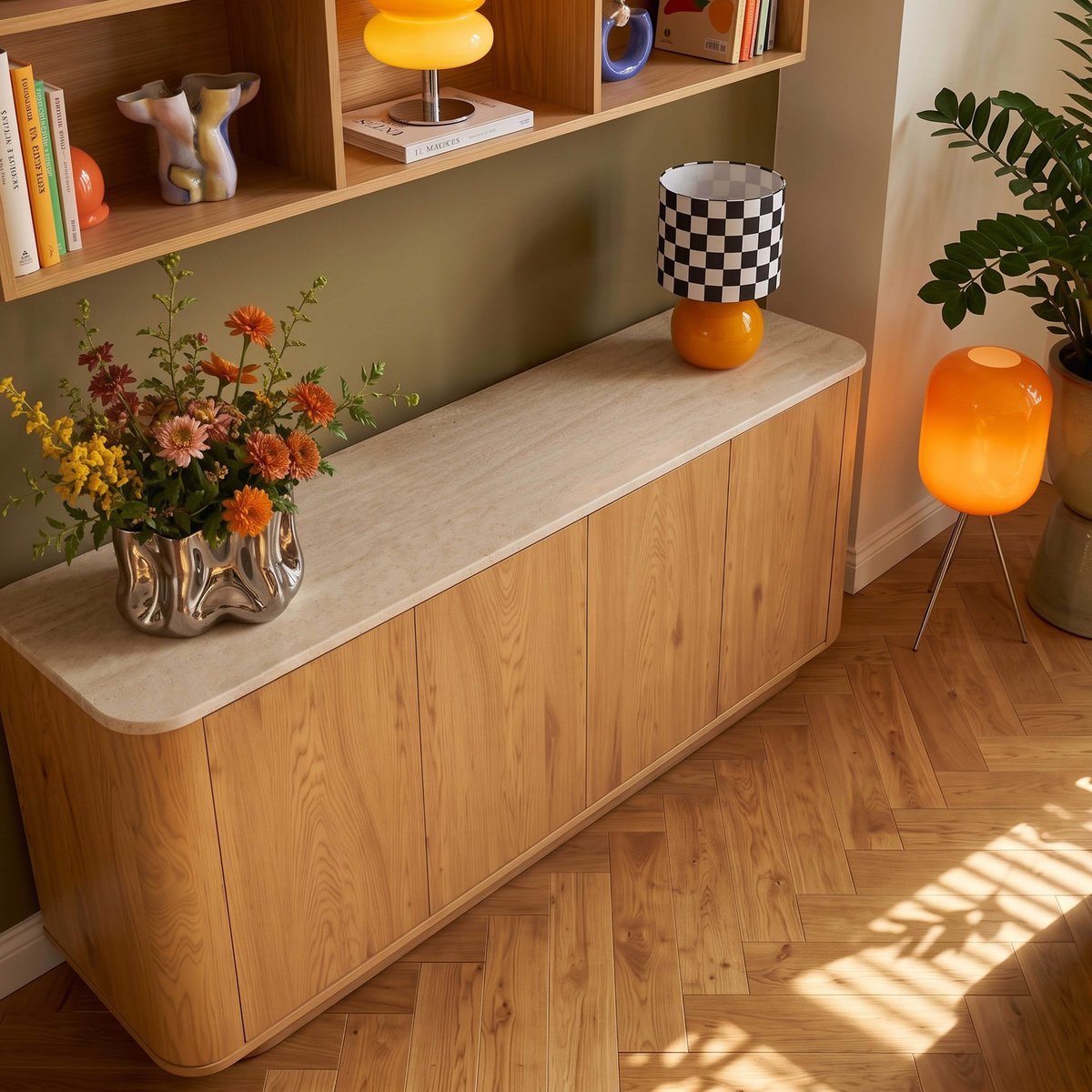 Buffet effet bois 4 portes 180 cm style scandinave, THEODORE bois clair, OVIALA