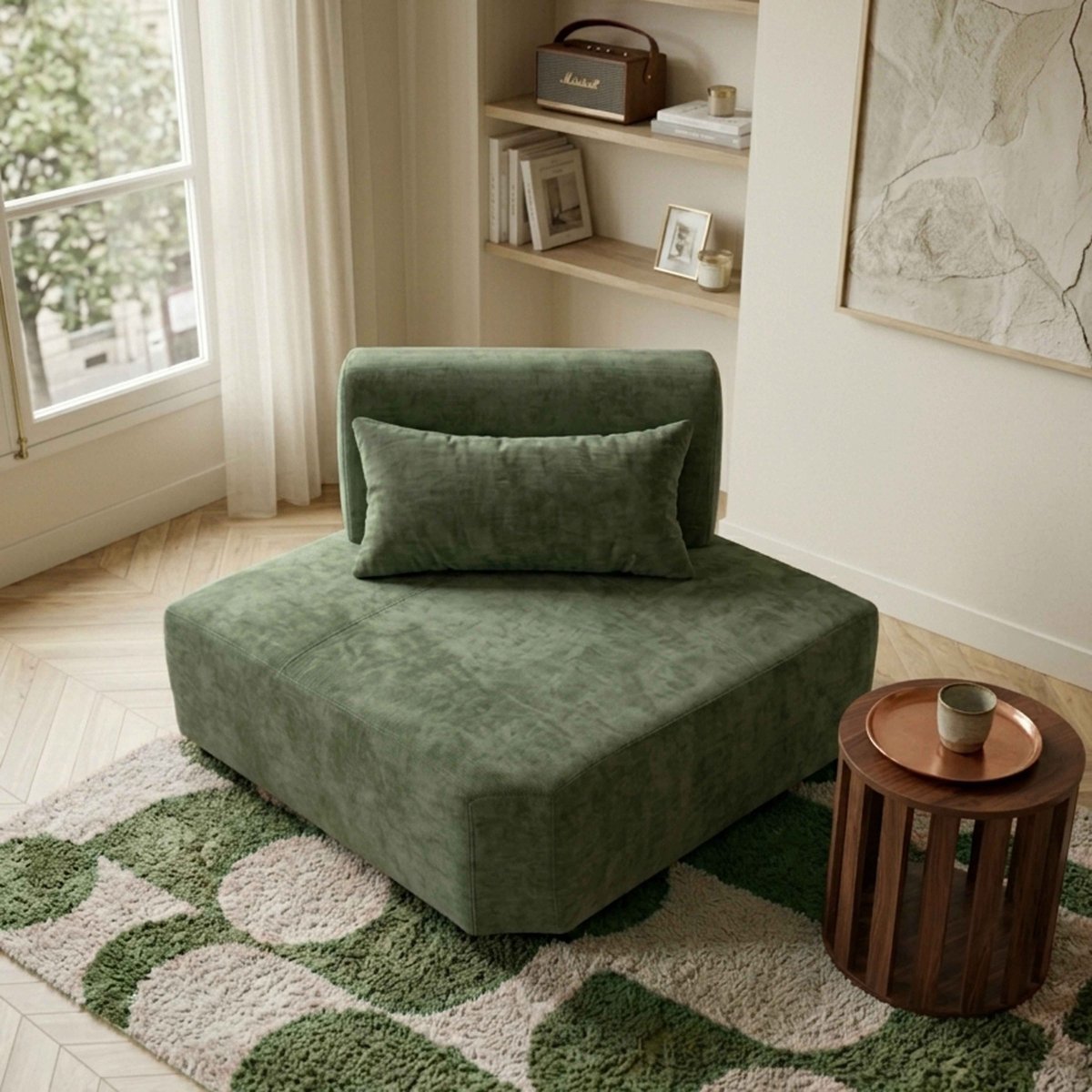 Fauteuil d'angle pour canapé modulable en tissu avec coussin dossier ajustable, CALLISTO vert, OVIALA