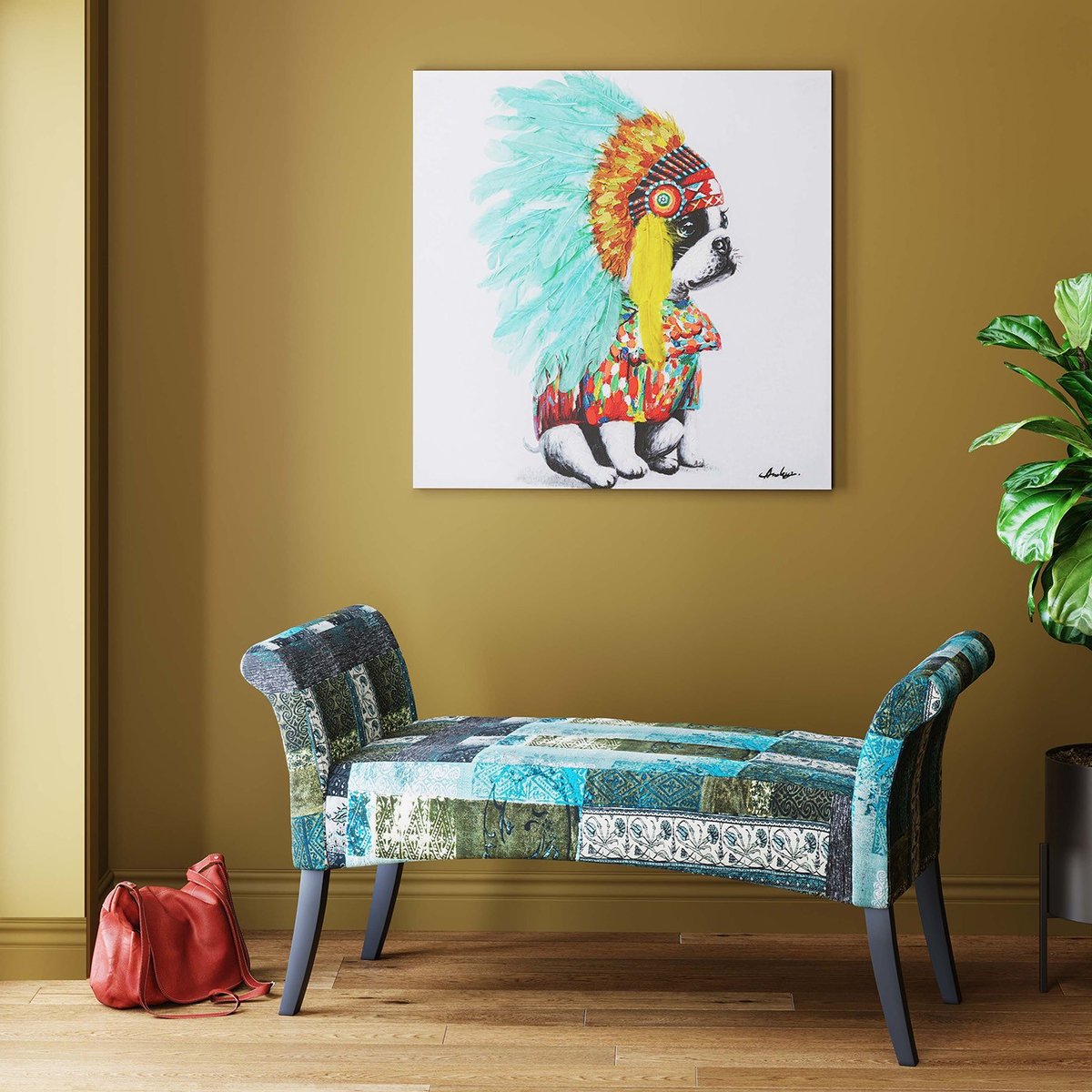 Tableau bouledogue coiffe indienne 80x80cm multicolore, KARE DESIGN
