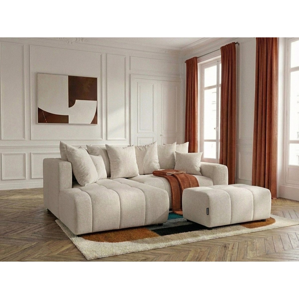 Canapé d'angle convertible 4 places en tissu chiné avec pouf, ROXELANE beige, BOBOCHIC