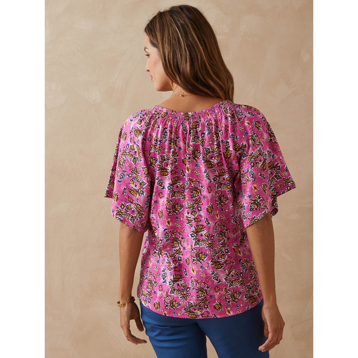 Tee-shirt V avec smocks imprimé framboise, DAXON
