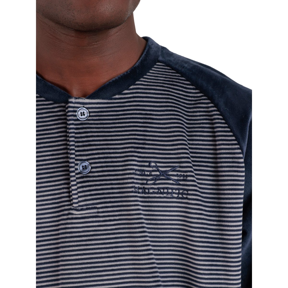 Pyjama velours tenue pantalon top manches longues Basic Stripes bleu marine, ADMAS