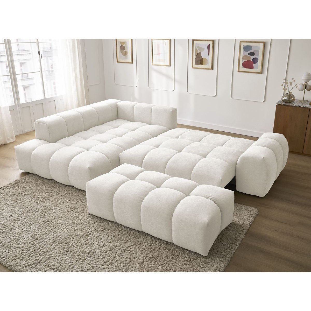 Canapé d'angle convertible 4 places en tissu texturé avec pouf, EVEREST blanc, BOBOCHIC