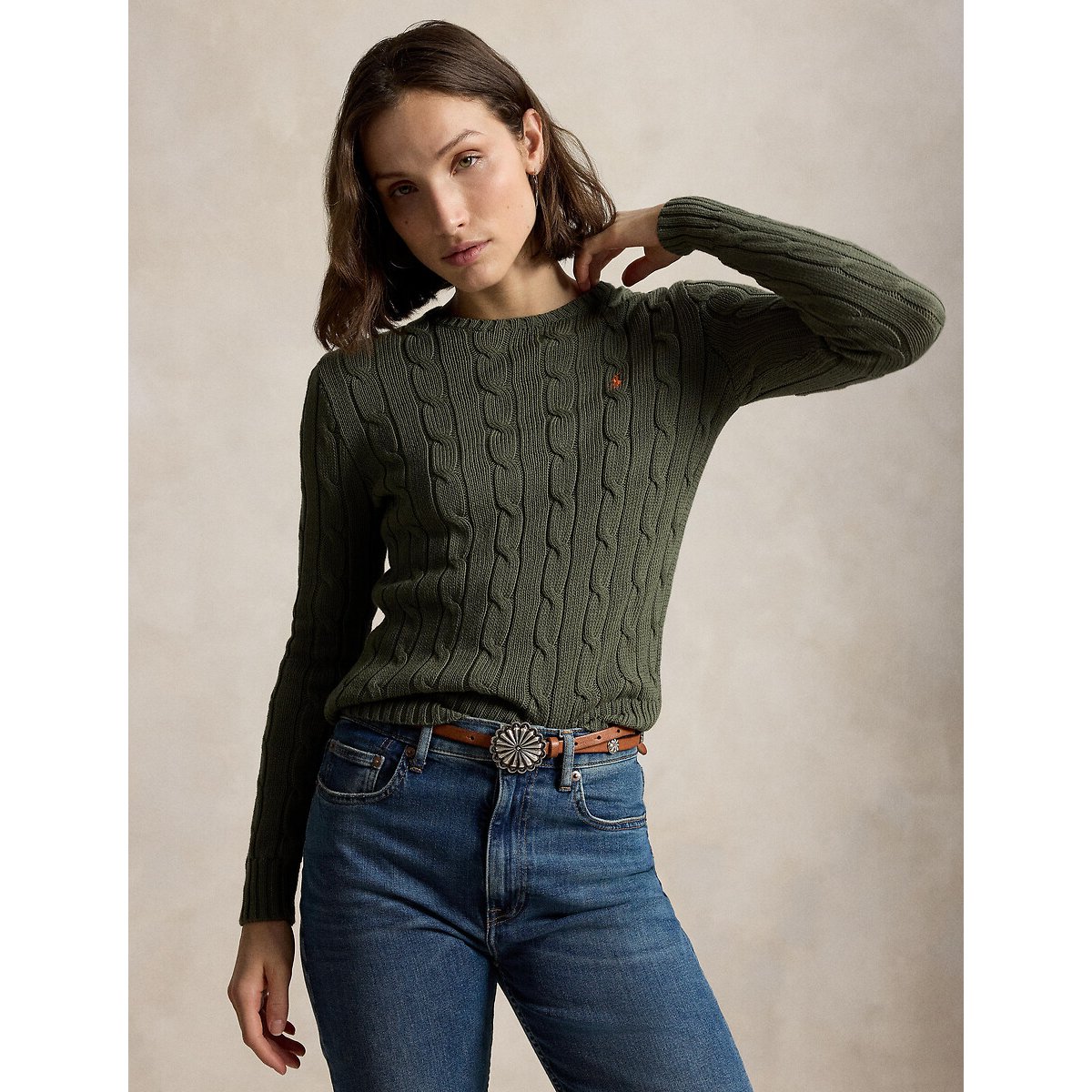 Pull col rond torsadé en coton kaki olive, POLO RALPH LAUREN