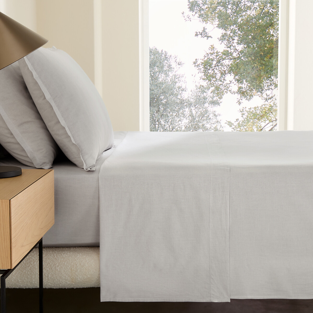 Drap plat en percale de coton lavé, rayé, 120 fils, SABBAL rayé châtaigne, AM.PM