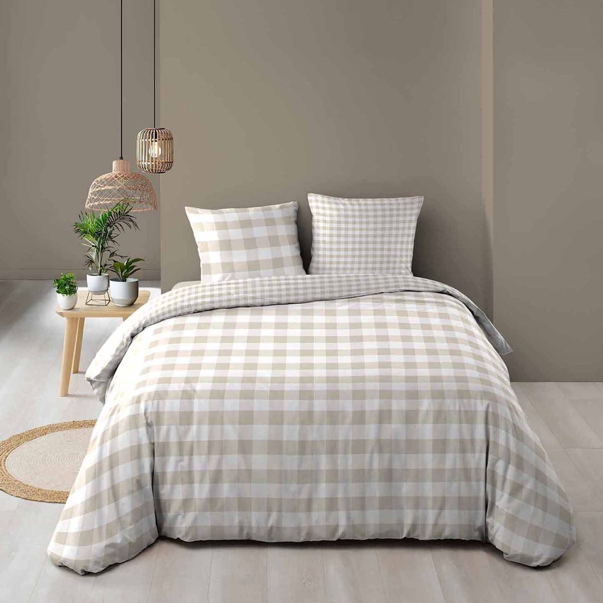 Parure de lit 3 pièces en coton à carreaux housse + taies naturel, DOUCEUR D'INTÉRIEUR
