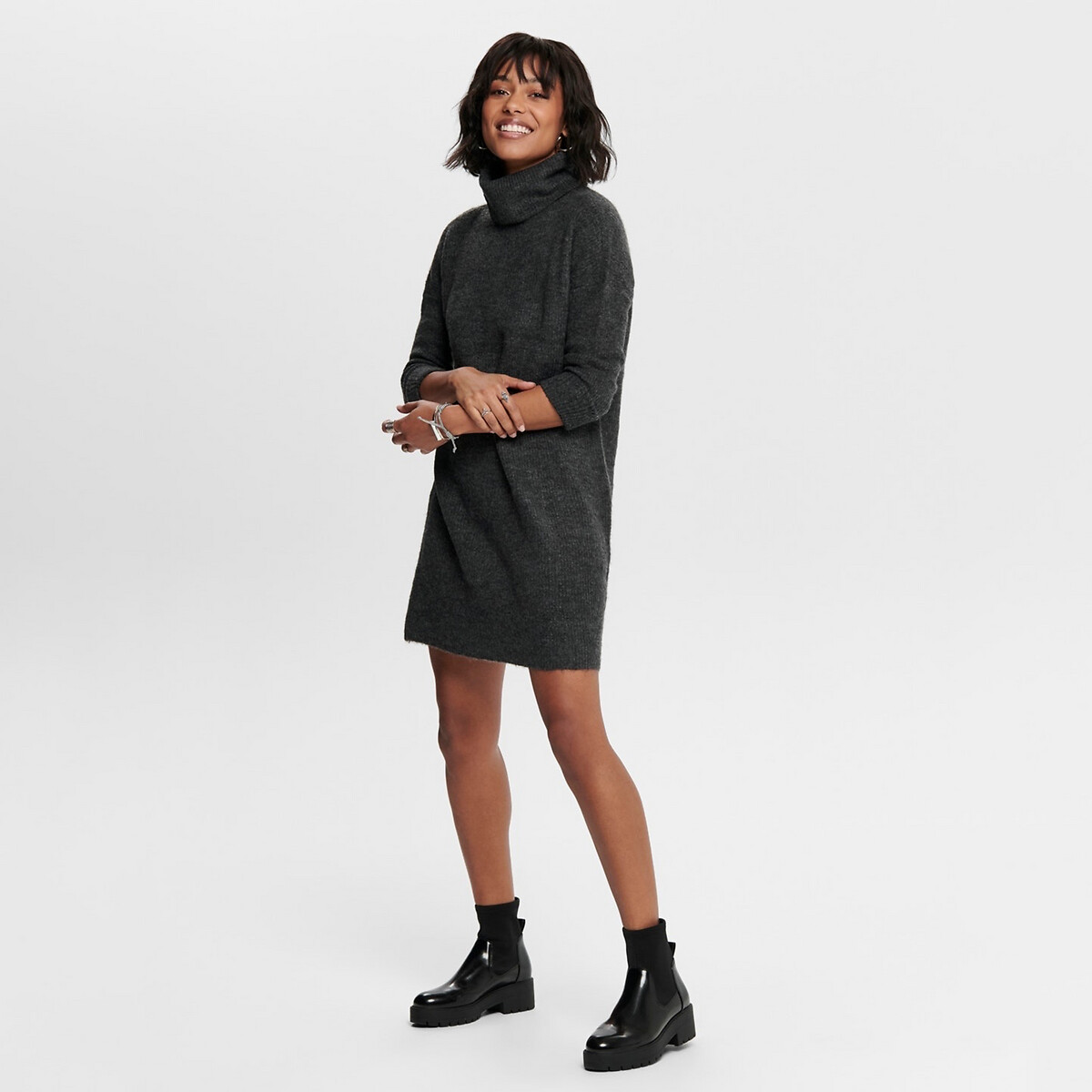 Robe-pull col roulé grosse maille gris foncé chiné, ONLY