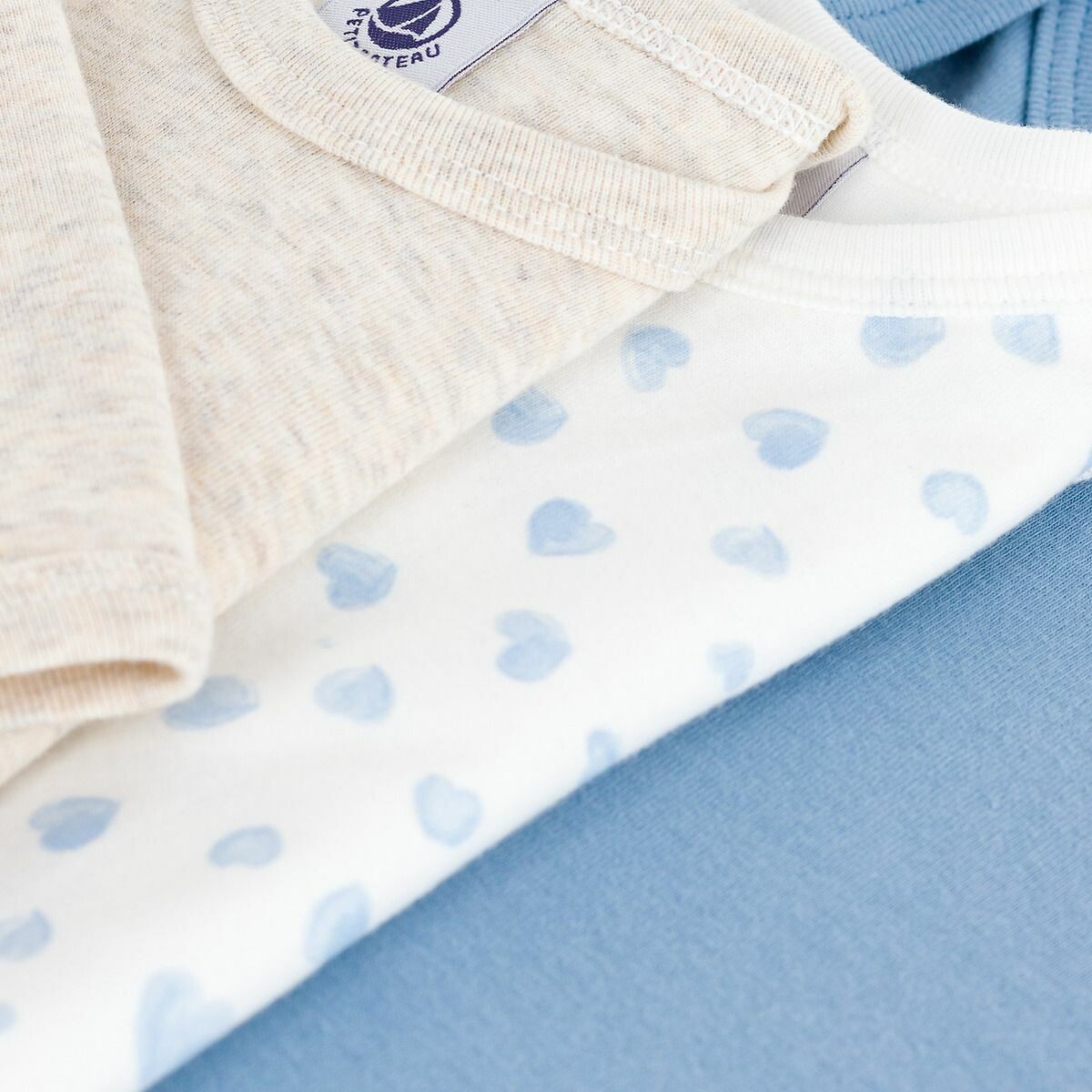 Set van 3 rompertjes met lange mouwen bedrukt + beige + blauw, PETIT BATEAU