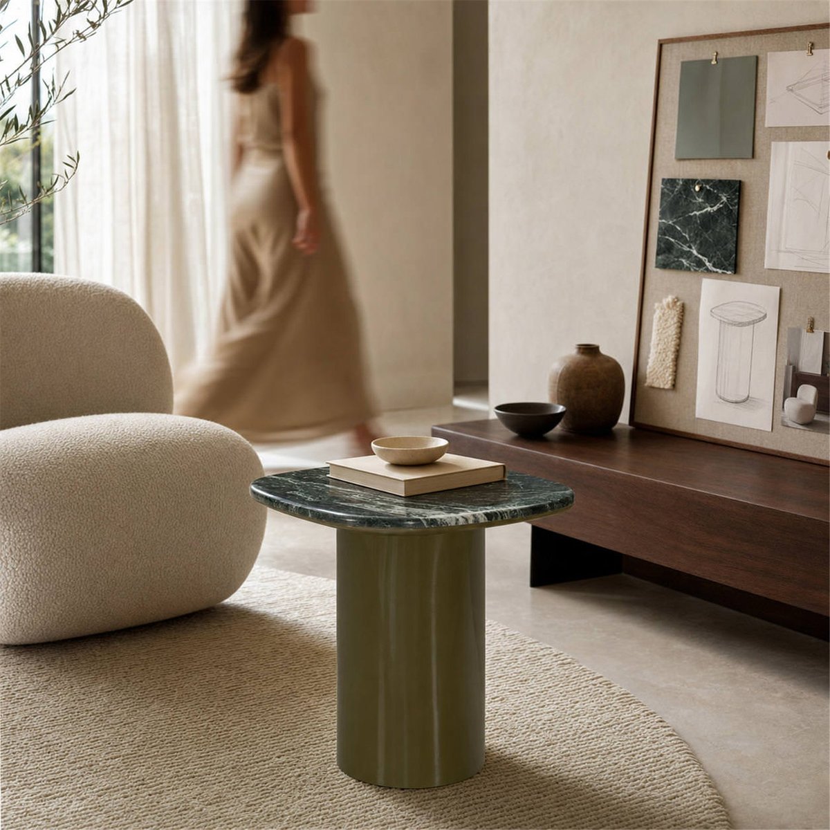 Table d'appoint en marbre vert argile brillant et vert marbré, RECOLLECTION