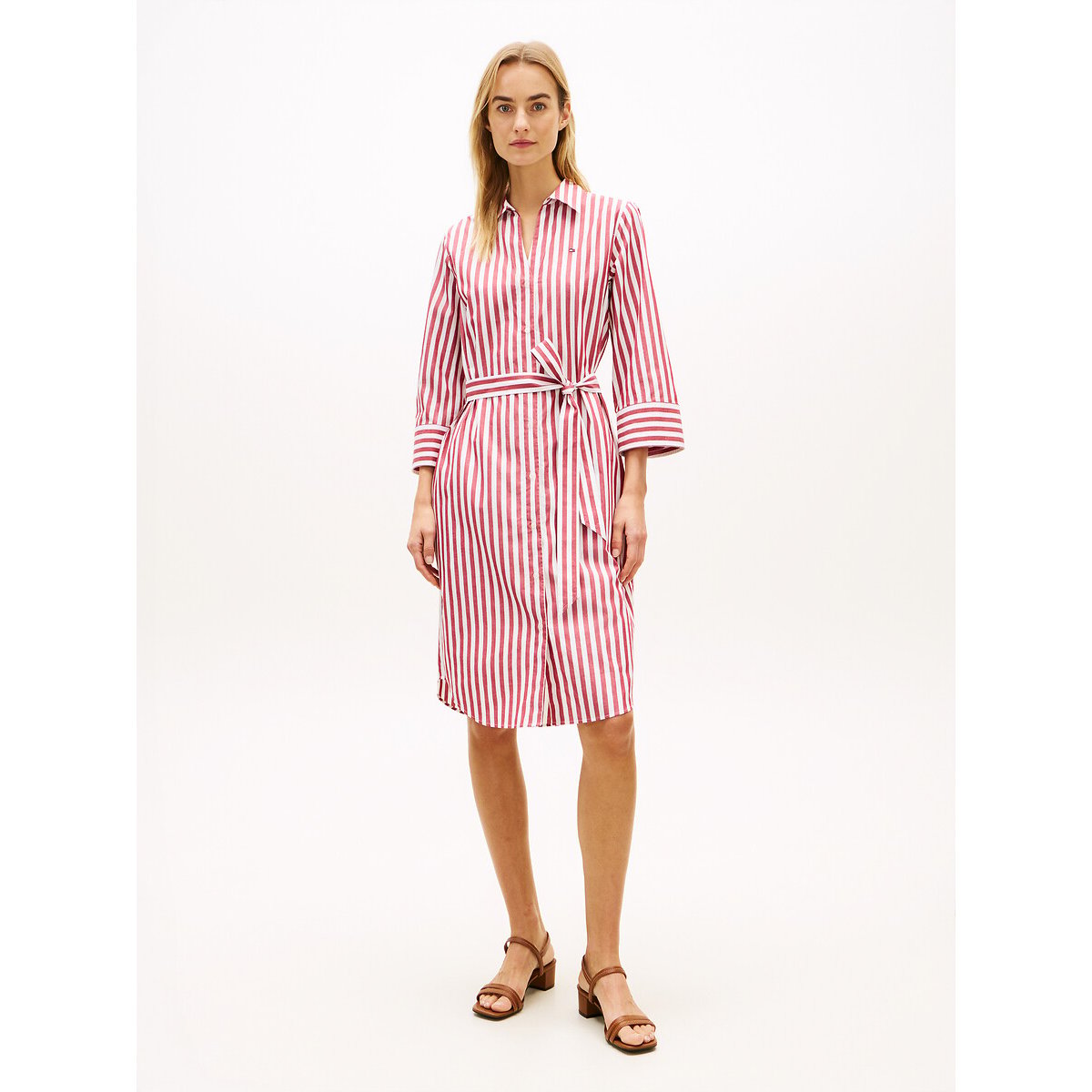 Robe chemise rayée manches 3/4 rayé blanc/rouge, TOMMY HILFIGER