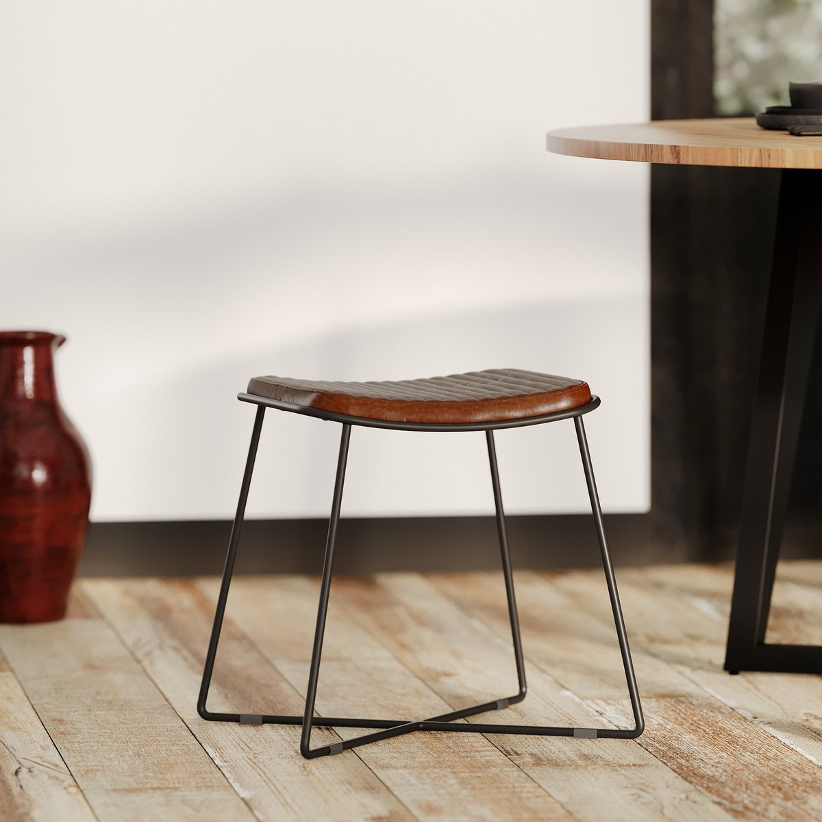 Tabouret en cuir et pieds en métal - GERMAIN marron, MAISON PAVANE