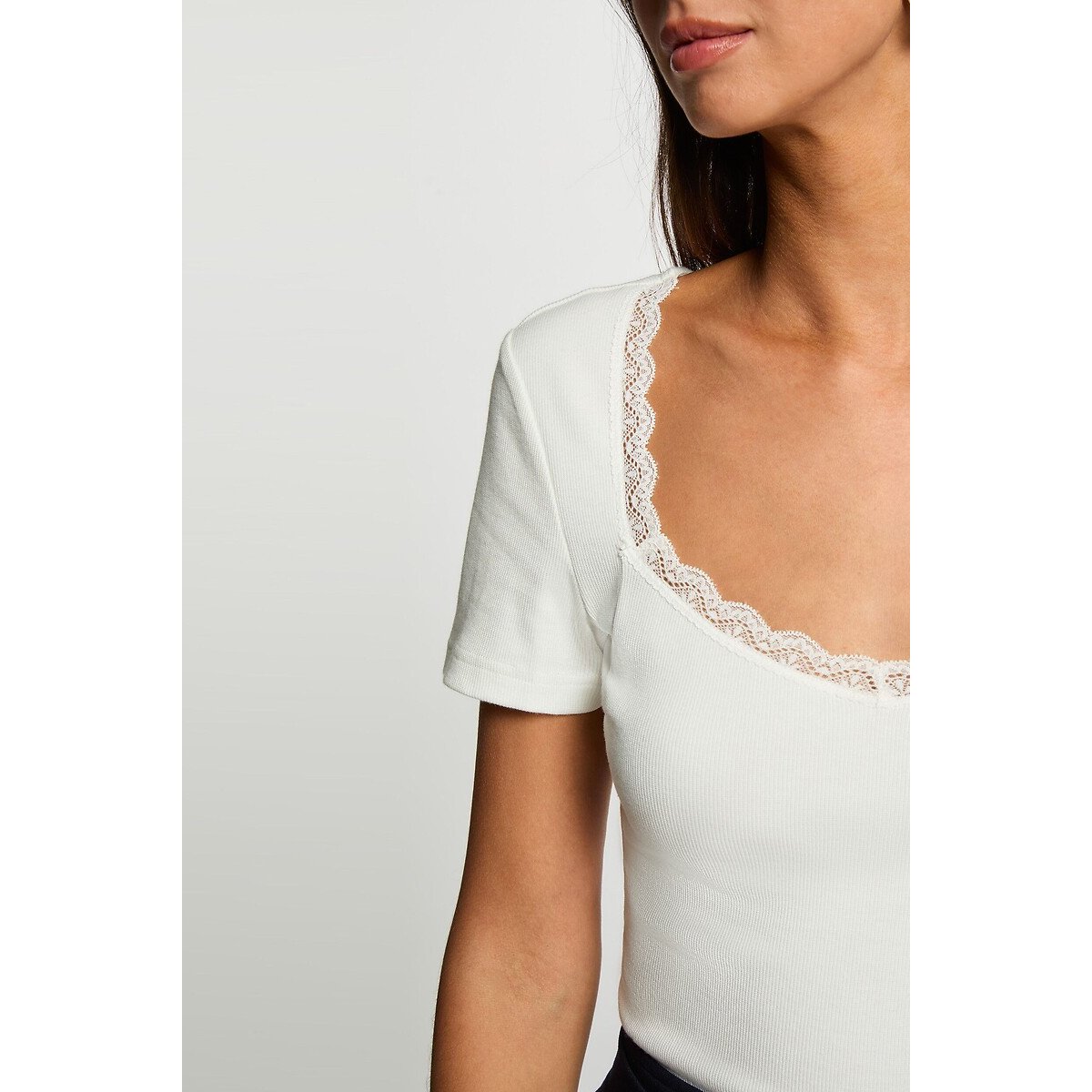 Tee shirt col carré manches courtes blanc, MORGAN
