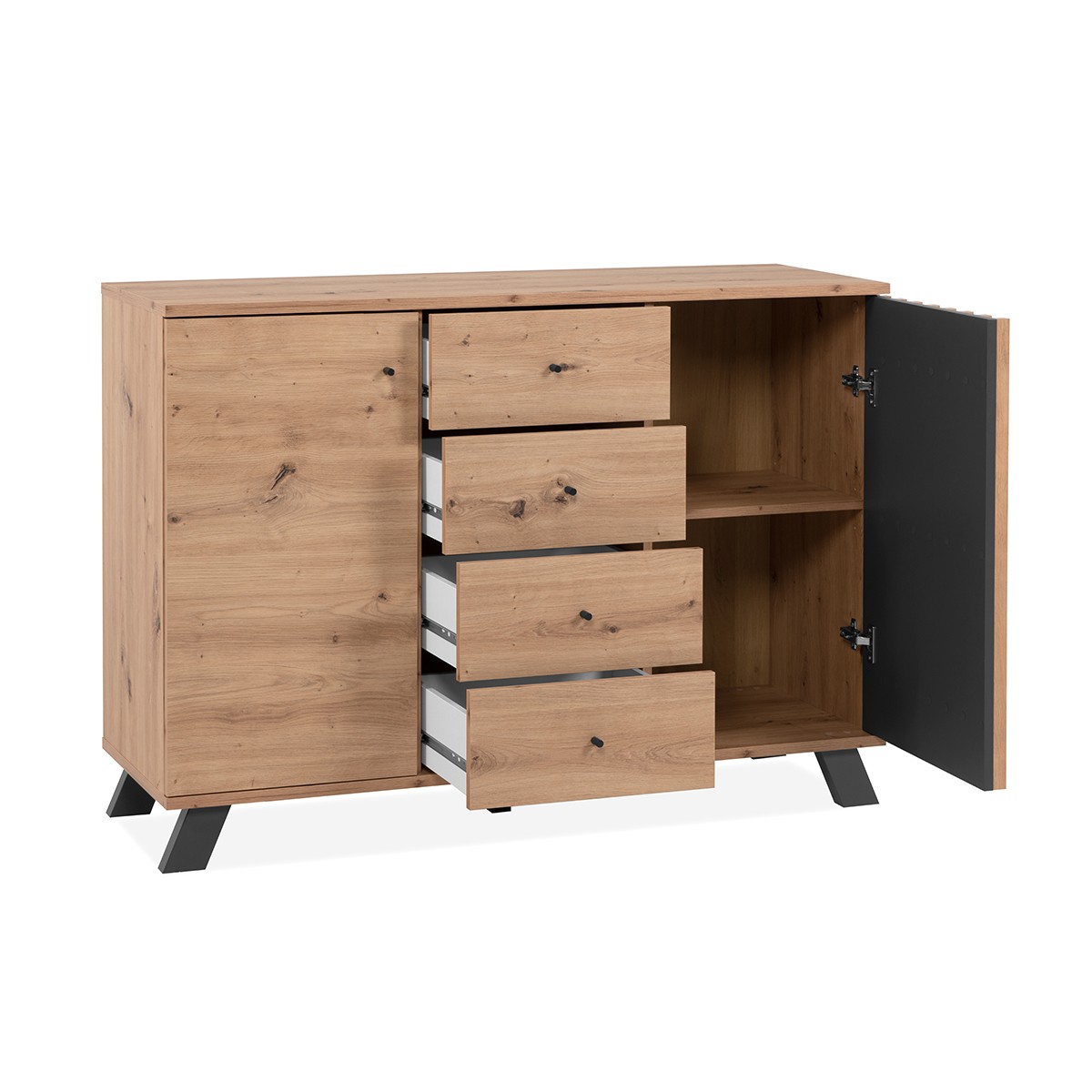 Buffet 2 portes et 4 tiroirs décor chêne artisan L118 cm - LUBLIN bois clair, CALICOSY