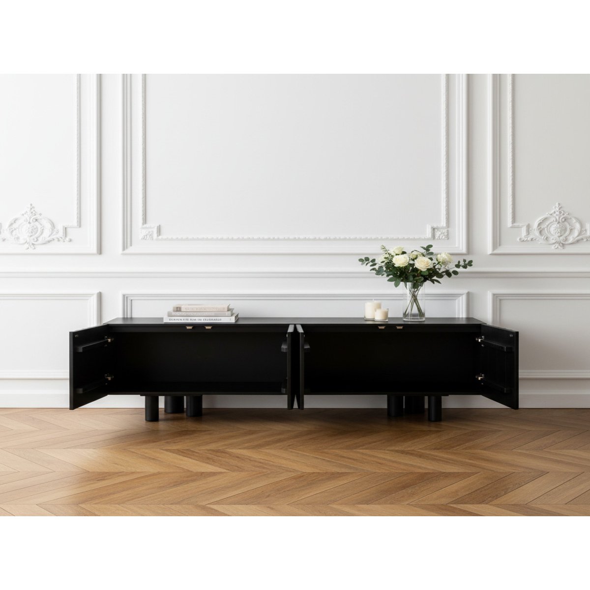 Meuble TV 160 cm bois massif, GABRIEL noir, BOBOCHIC