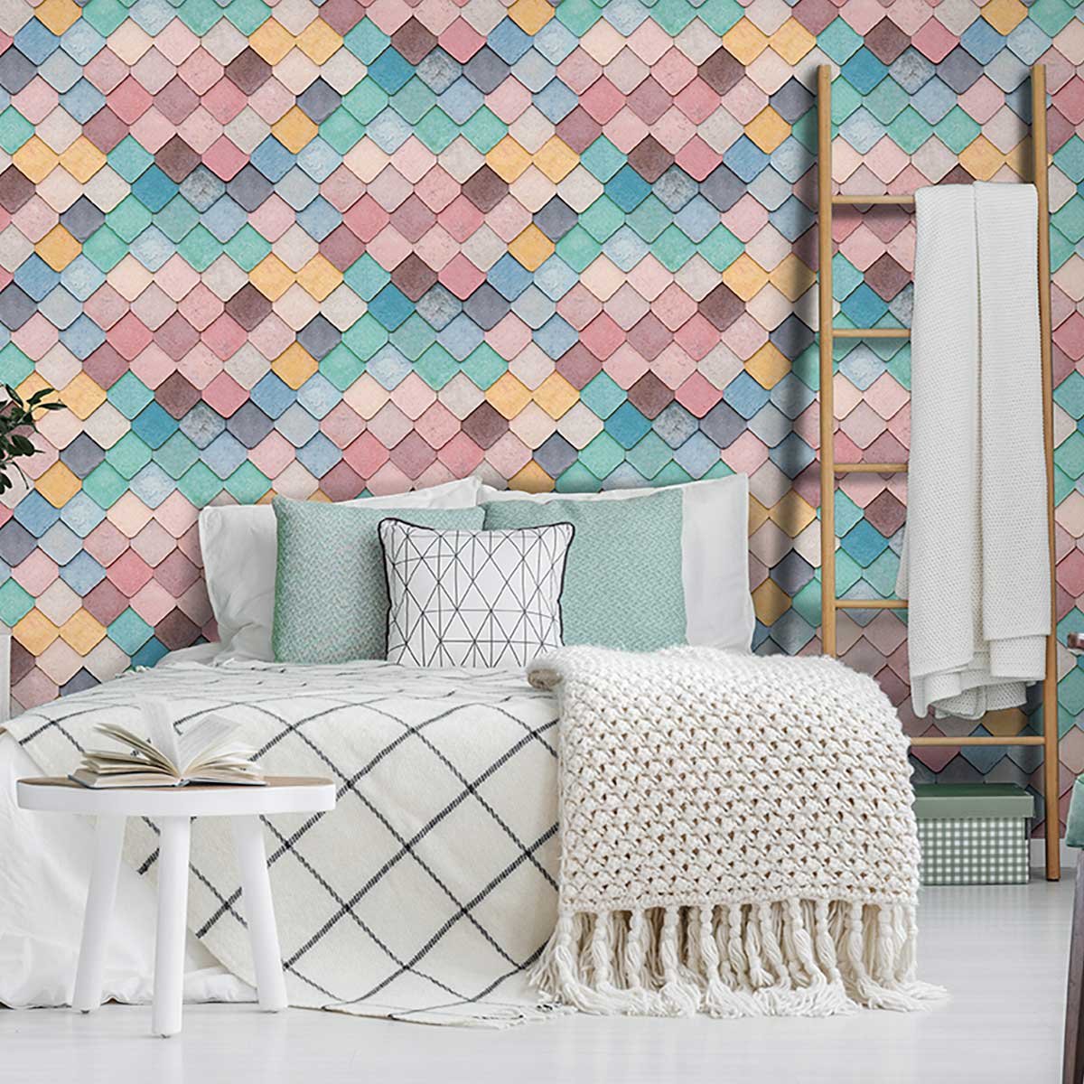 Papier peint écailles pastel multicouleur multicolore, HEXOA