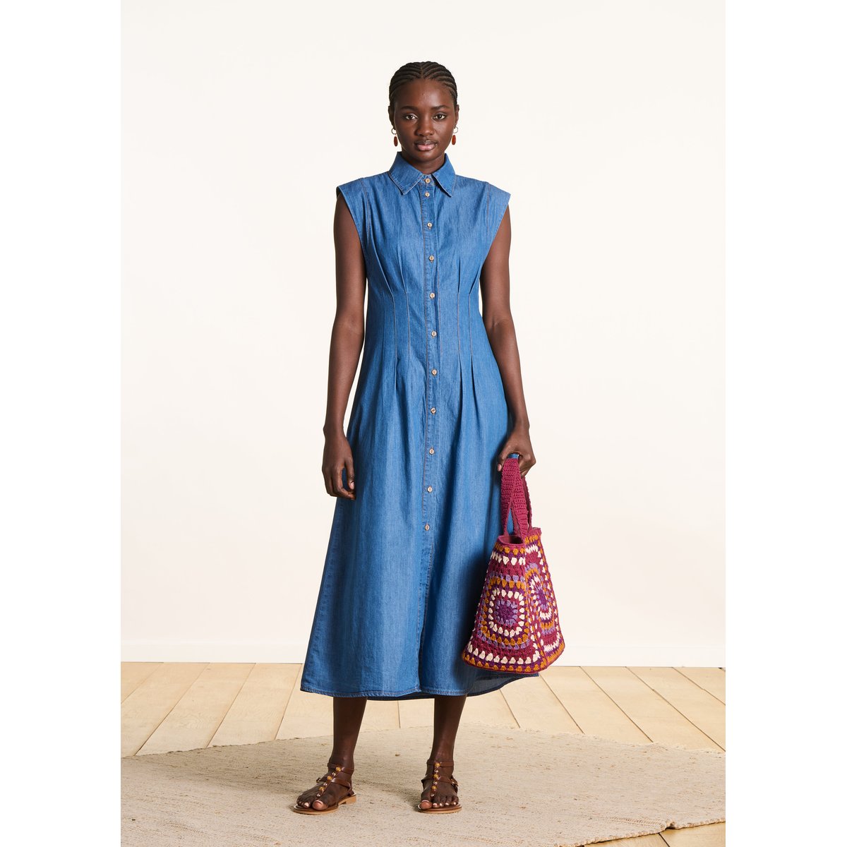 Robe chemise longue en jean souple cintrée medium, LA FEE MARABOUTEE