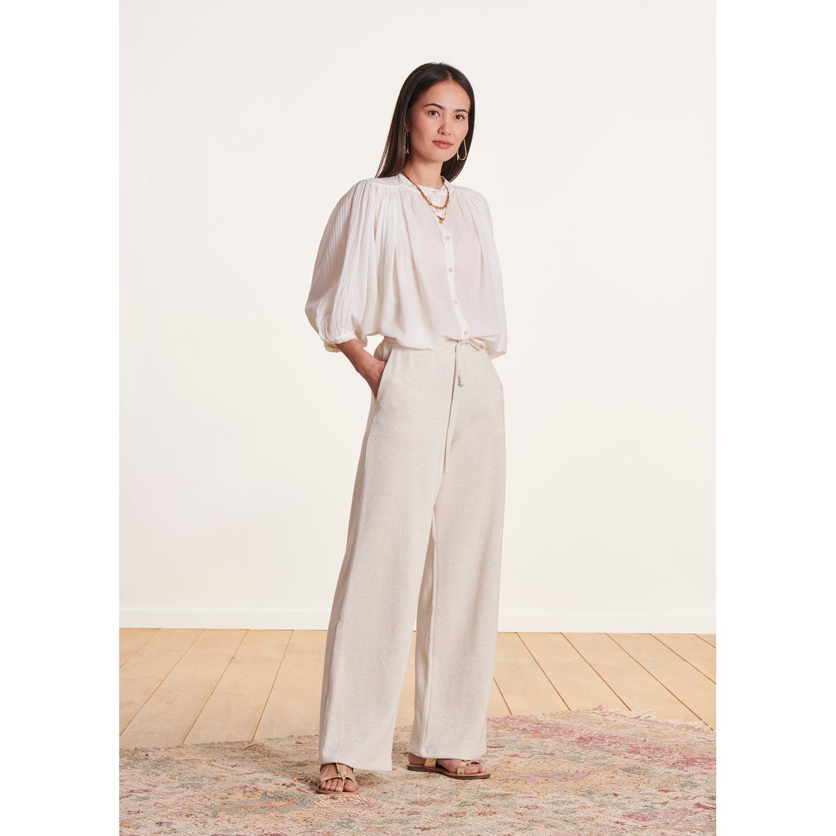 Pantalon large en maille à taille élastiquée ecru, LA FEE MARABOUTEE