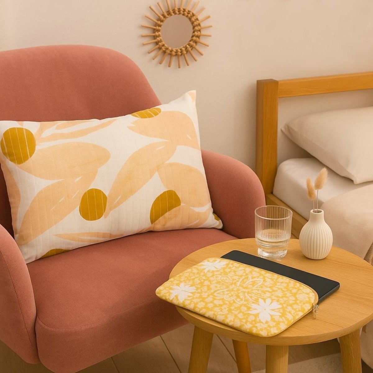 Coussin matelassé motifs feuillage 40x60cm jaune, ORNAMI