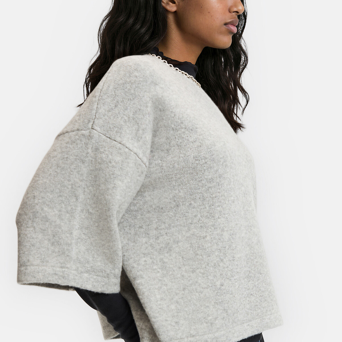 Pull col rond ample manches courtes gris chiné, LA REDOUTE COLLECTIONS