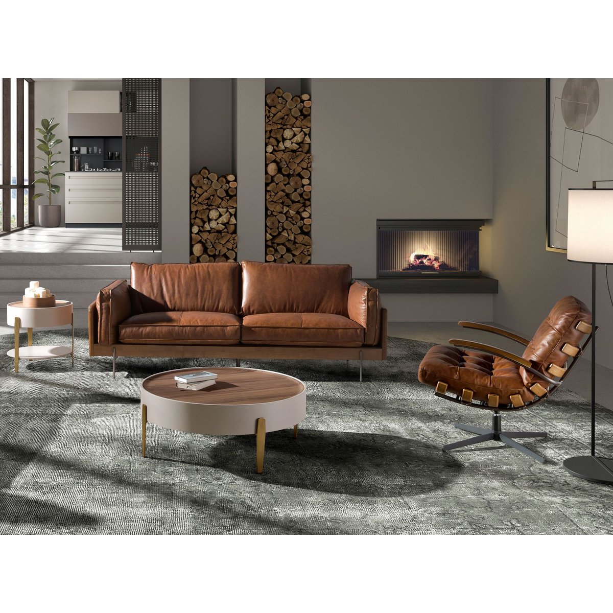 Fauteuil pivotant en cuir et noyer marron foncé | noir, ANGEL CERDA