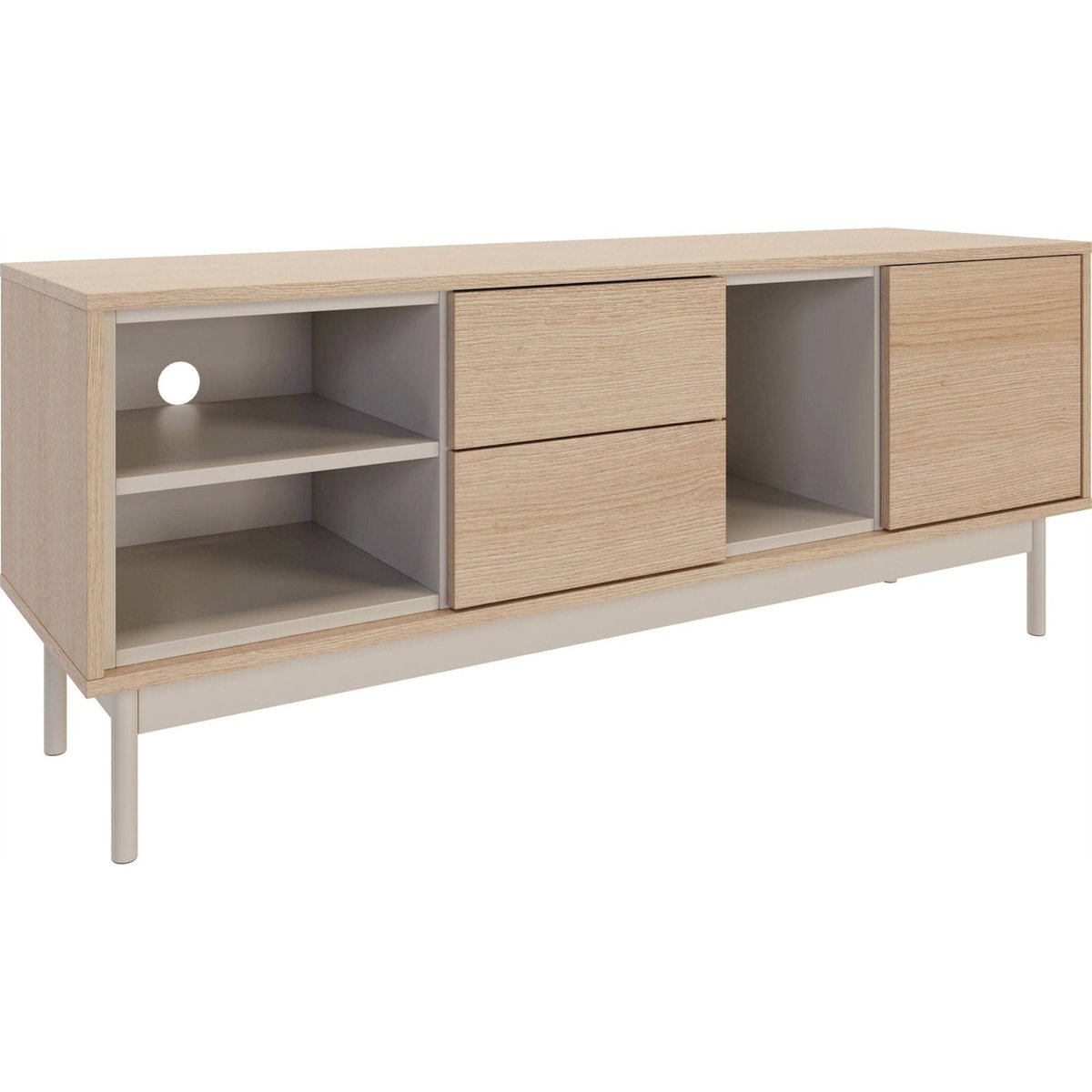 Meuble tv LAYEN 1 porte 2 tiroirs effet chêne lindberg et beige cachemire, RECOLLECTION