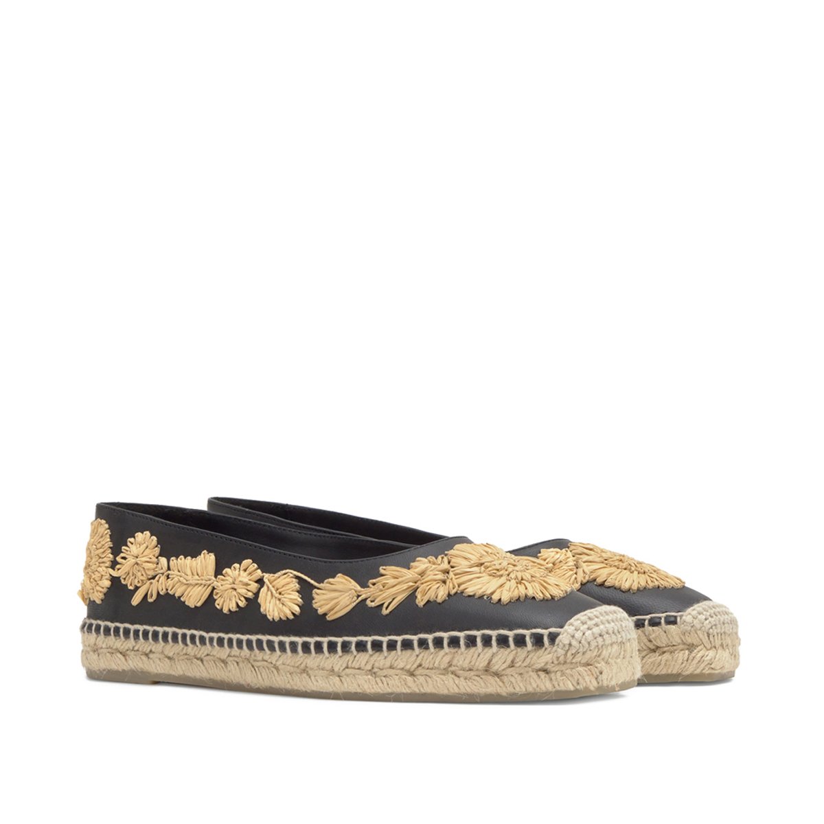 Espadrilles plates en cuir à broderie florales en raphia PARIS PLATFORM noir, CASTANER