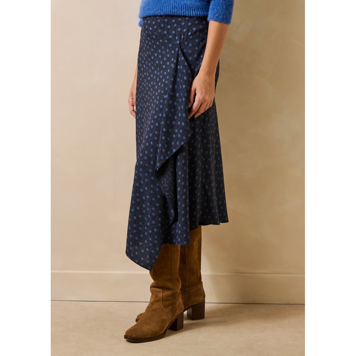 Jupe midi asymétrique à imprimé graphique bleu, LA FEE MARABOUTEE
