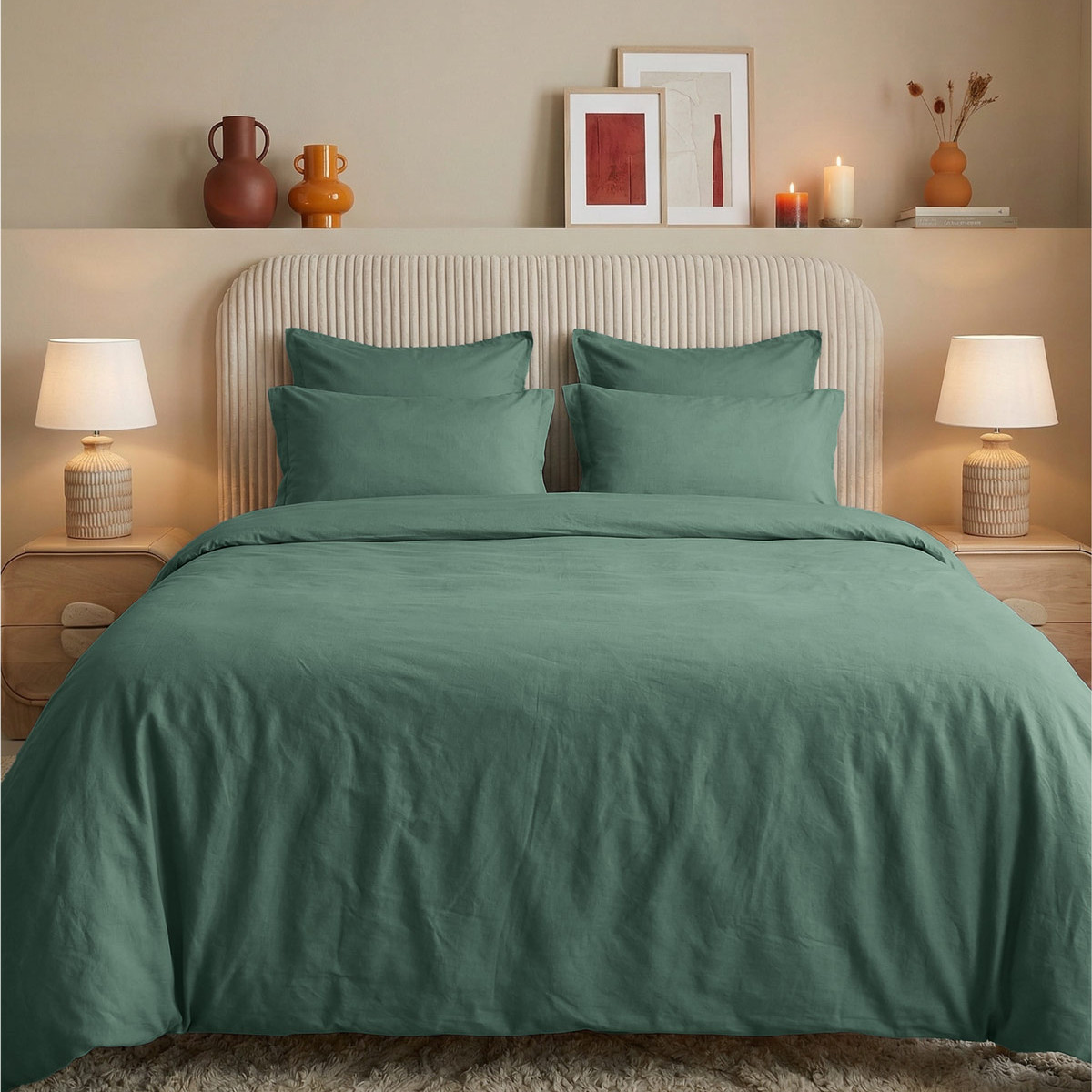 Parure housse de couette percale lavée + 2 taies 65x65 cm HOME WASHED lichen, SENSEI MAISON