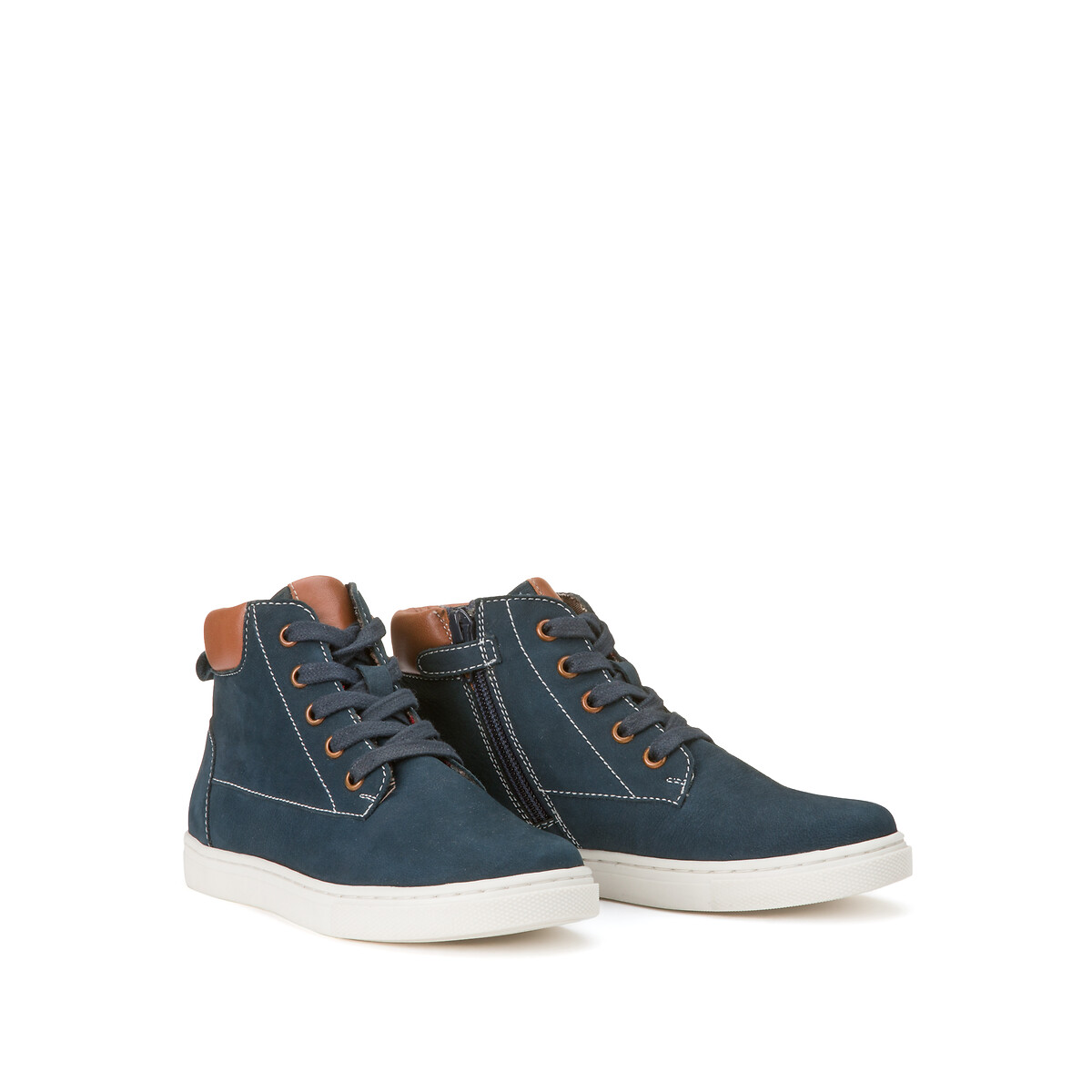 Kids Lace-Up Ankle Boots in Leather with Zip Fastening navy blue, LA REDOUTE COLLECTIONS