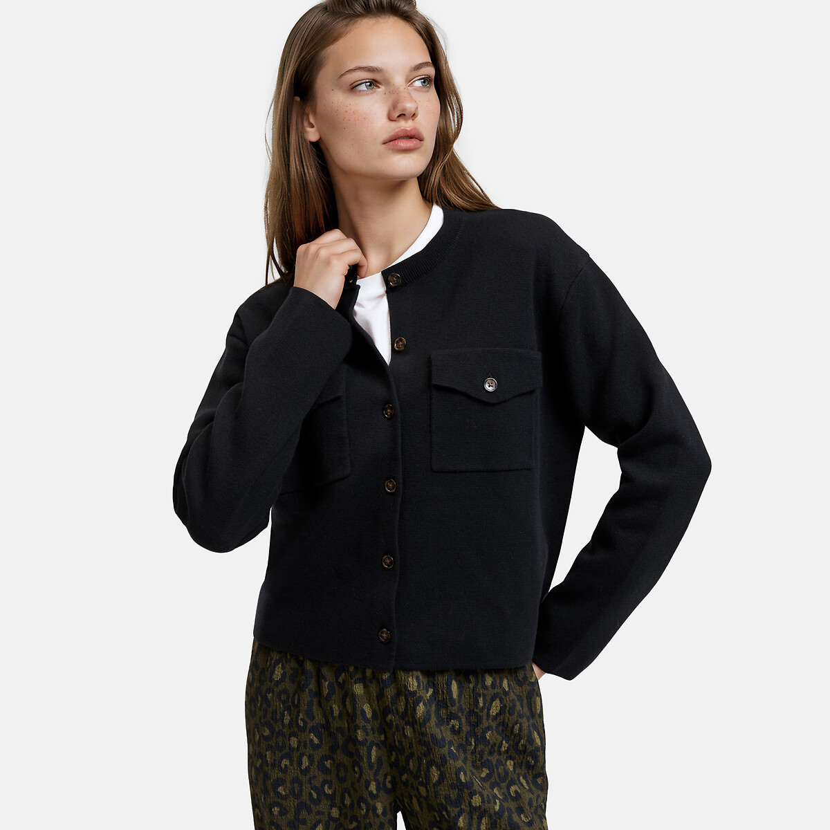 Cardigan en maille milano laine et coton noir, LA REDOUTE COLLECTIONS