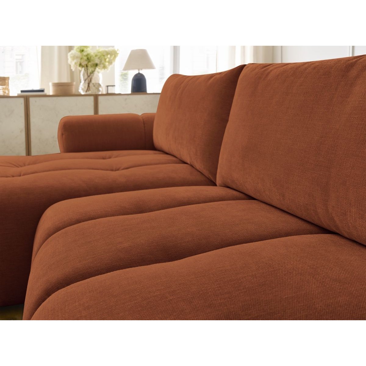 Canapé d'angle convertible 3 places en tissu lisse, FUJI orange, BOBOCHIC