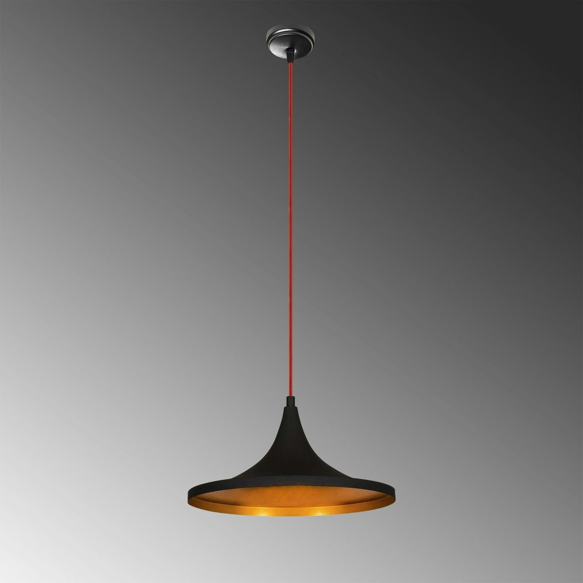 Suspension moderne noire mate câble rouge, forme évasée SILE noir, PIER IMPORT