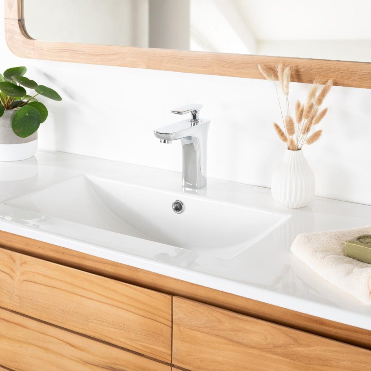 Meuble salle de bain en teck massif et céramique solo 120 cm ANANTA blanc, WANDA COLLECTION